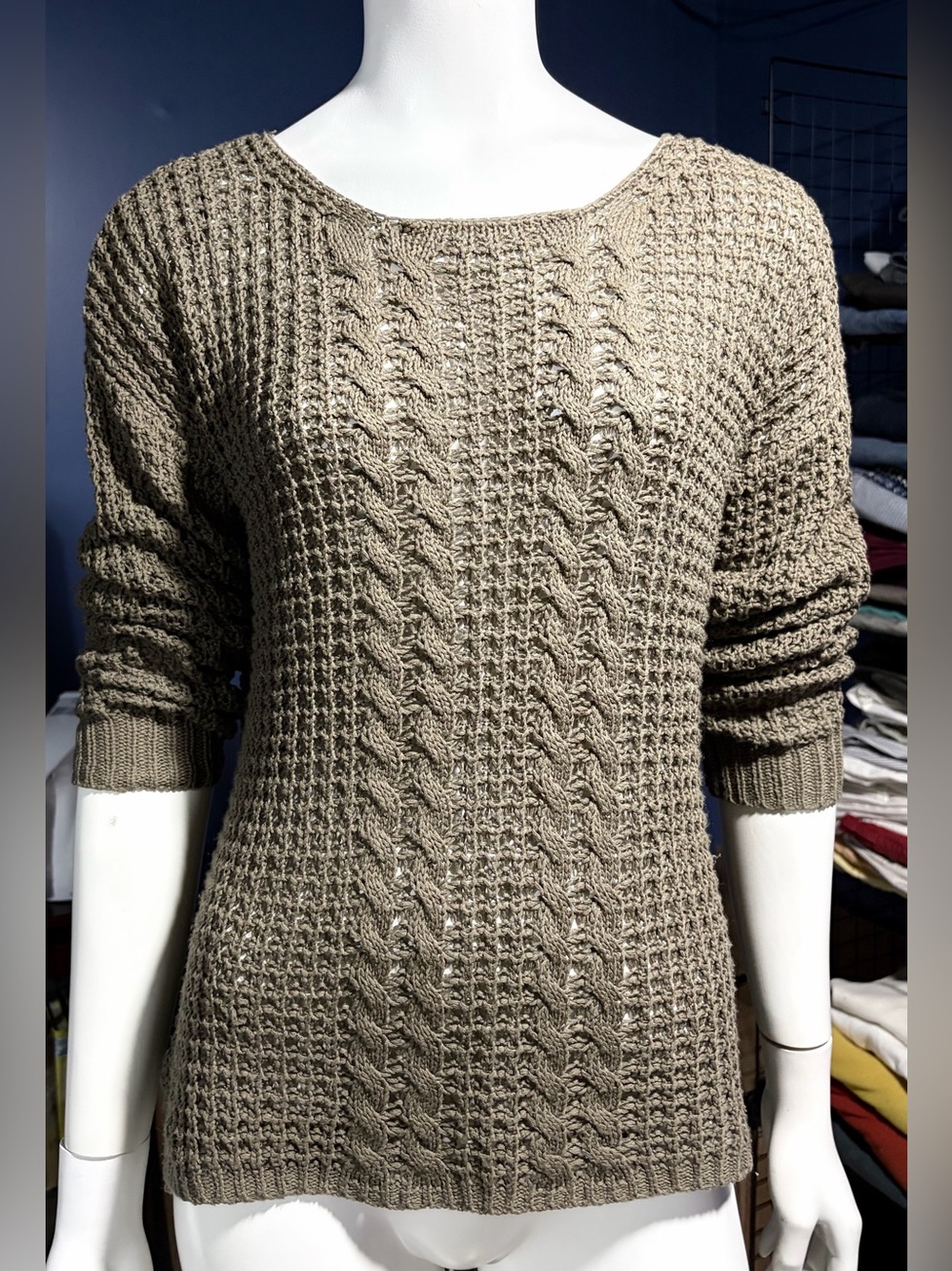 Kenar Taupe Cable & Waffle Knit Crewneck Sweater Size M EUC